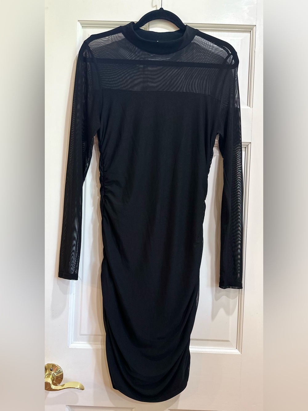 Women’s Black Bodycon Sheer Mesh Long Sleeve Midi Dress Medium Cocktail Ruched